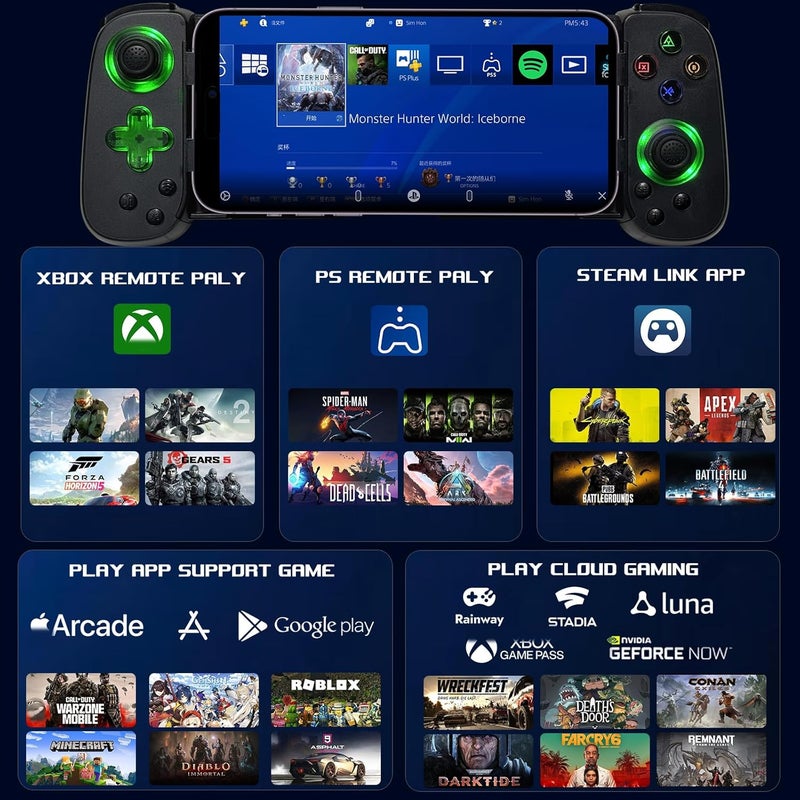 arVin Mobile Gaming Controller for iPhone Android with Phone CASE Support & Green Light, Wireless Gamepad for iPhone/iPad/Samsung/Tablet/Switch/PS4/PC, Play Xbox Cloud Gaming/PS Remote Play/Steam Link - Image 4